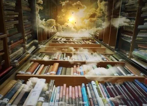 A radiant library corridor opening onto clouds and light, symbolizing the Akashic records and soul blueprint